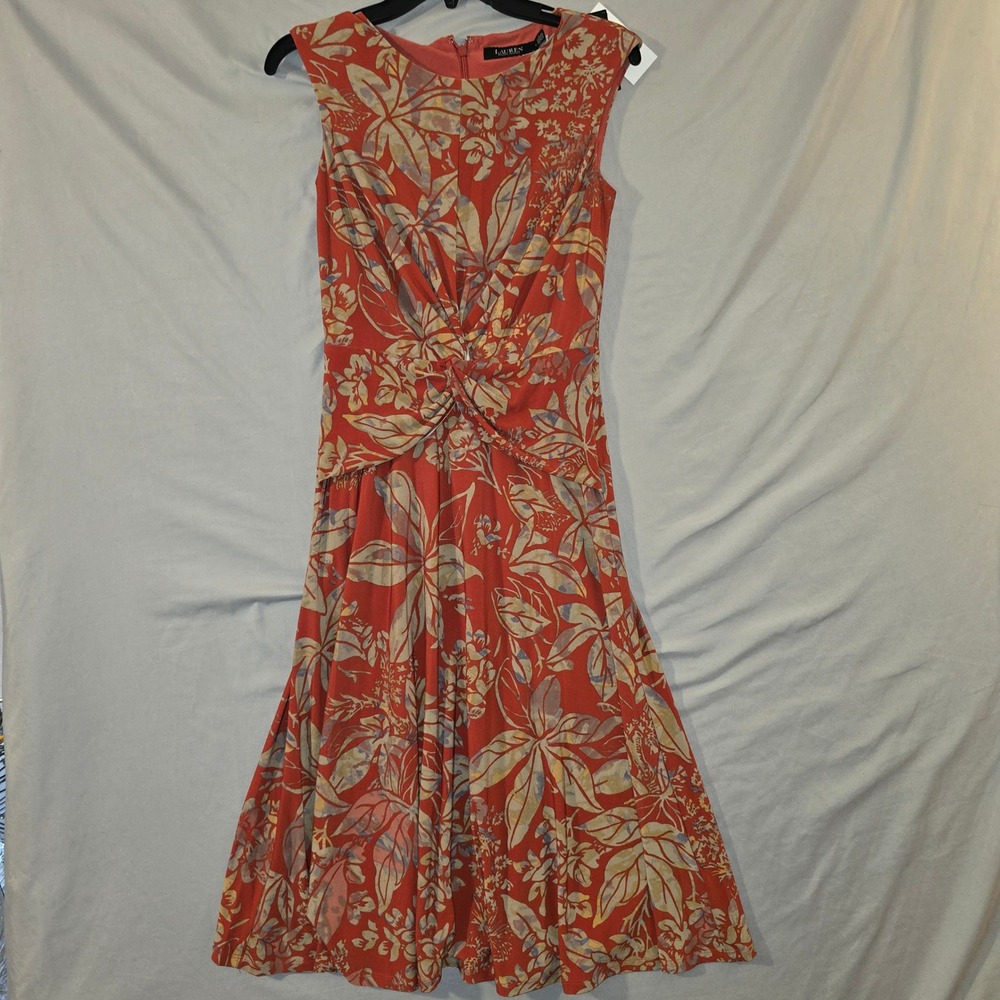 Lauren Ralph Lauren Midi Dress 2 Womens Red Multi Floral Twist Front Sleeveless